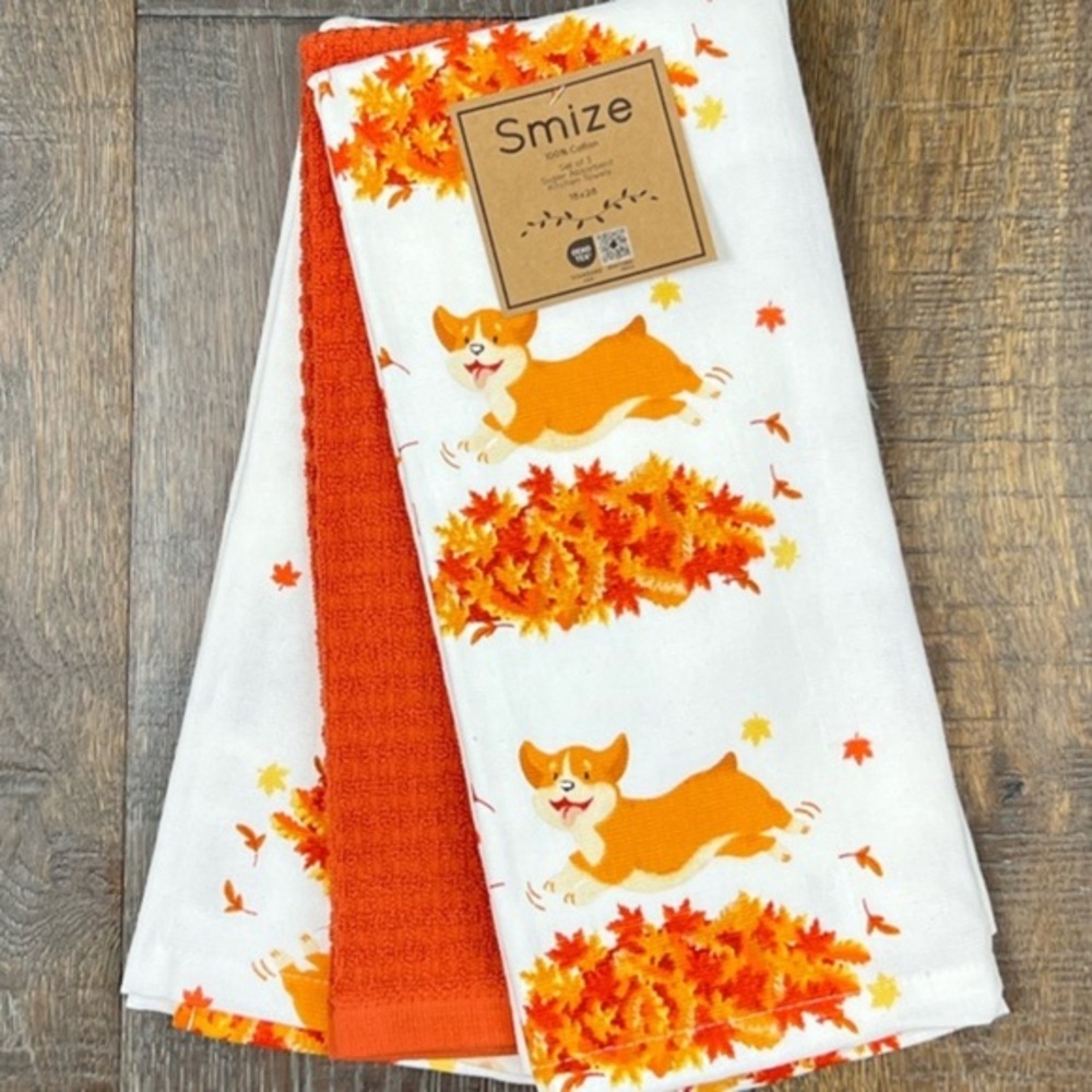 PETS - Smize  - 4/$98 - ‘Autumn Corgi’ dish towels (3). NWT. Firm!